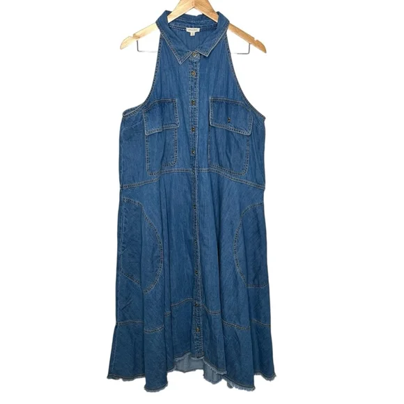 Anthropologie Pilcro Denim Sleeveless Halter Swing Midi Dress Women's Size XL - Picture 3 of 9